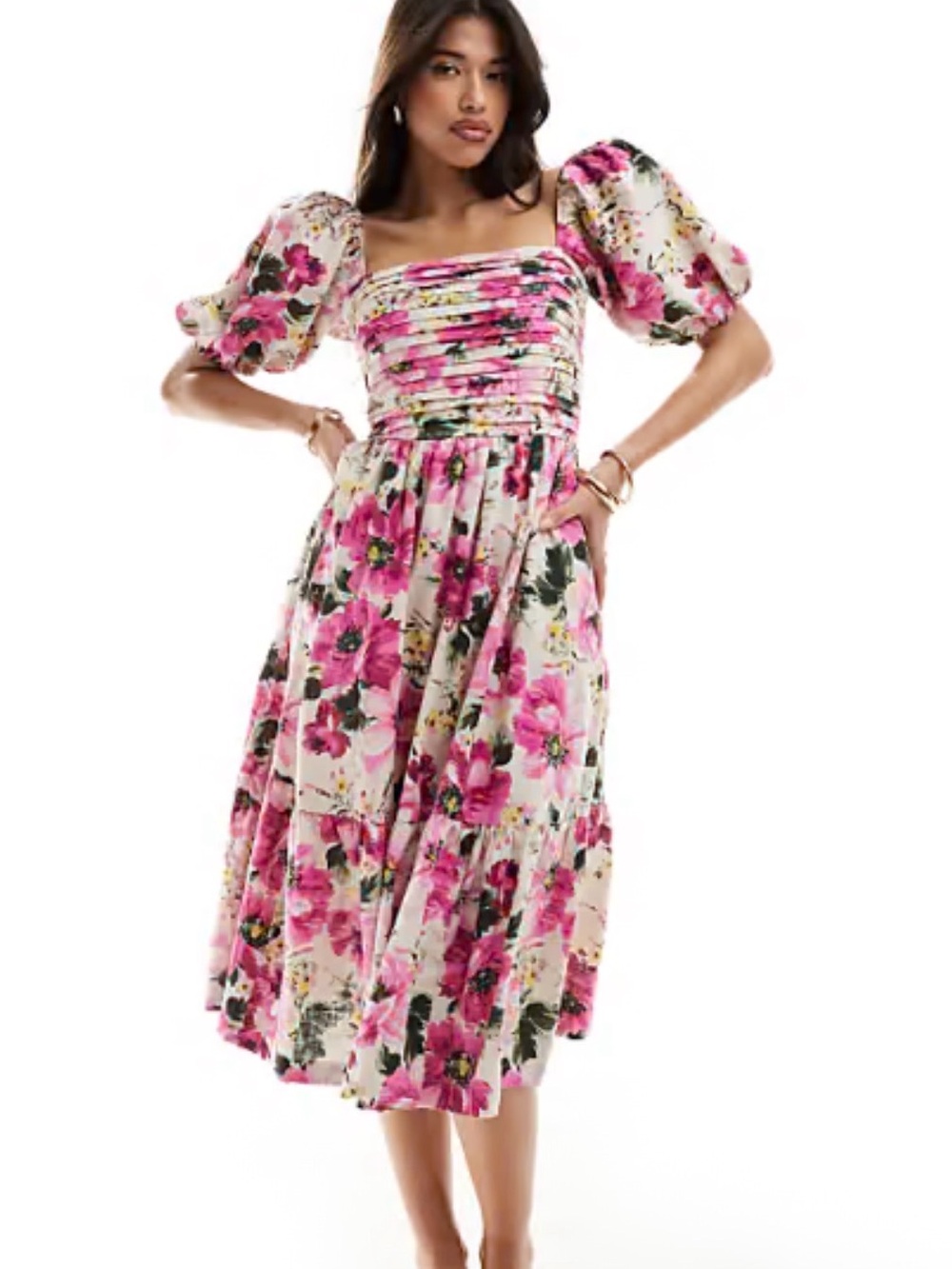 Abercrombie & Fitch Pink Floral Puff-Sleeve Midi Dress